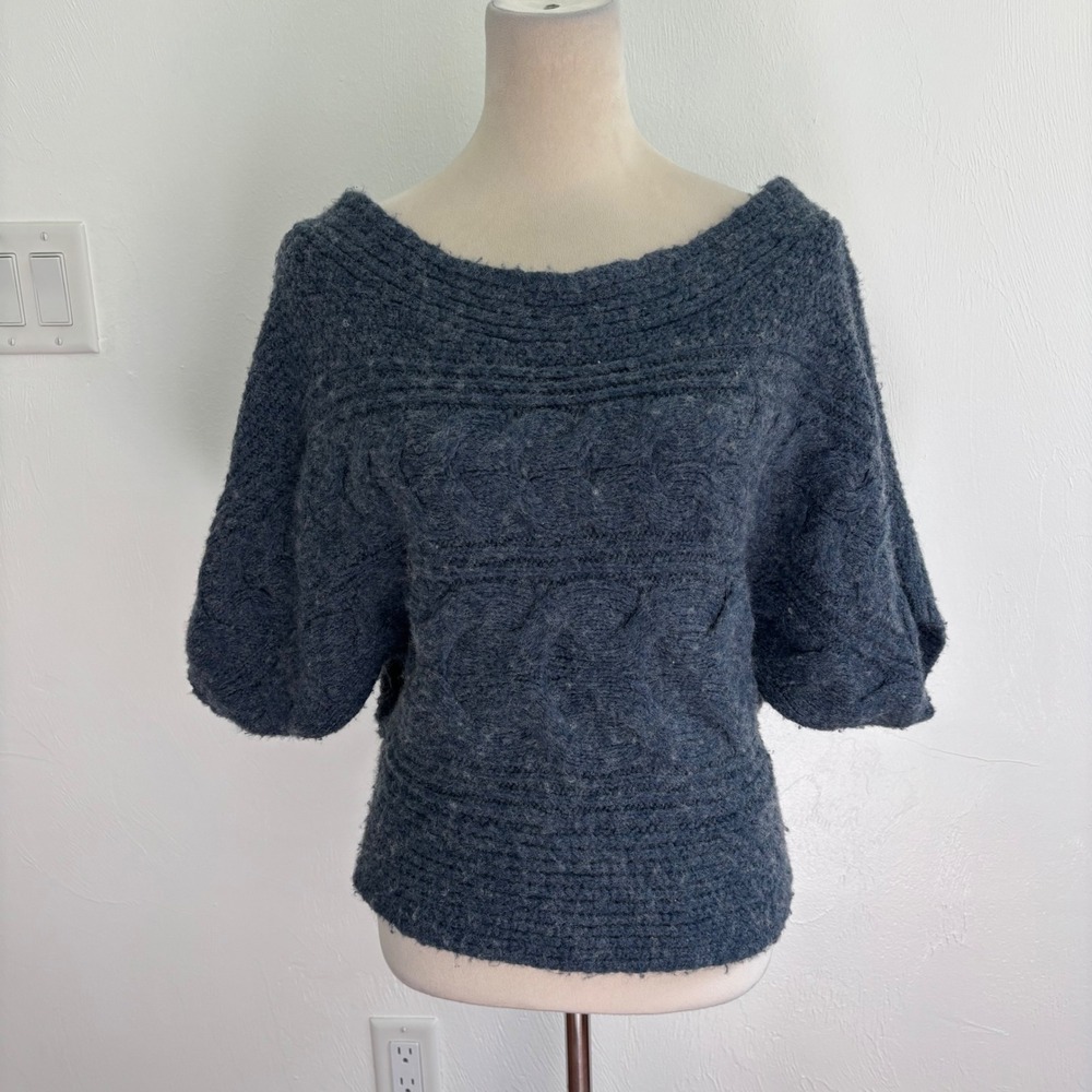 Free People Blue Cable Knit Sweater Medium Wool Blend Dolman Sleeve Slouchy Boho